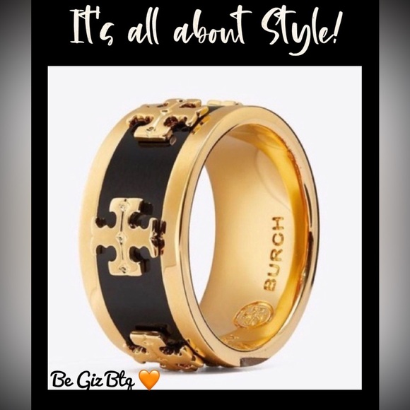 🆕 Tory Burch Authentic Wide Band Black Enamel With Gold Raised Logo Ring 7 - Picture 6 of 10